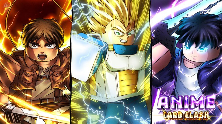 Three anime fighters beside the Anime Card Clash logo