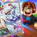 Anime Card Farm UR card pull with a rainbow border and a cheering Roblox character