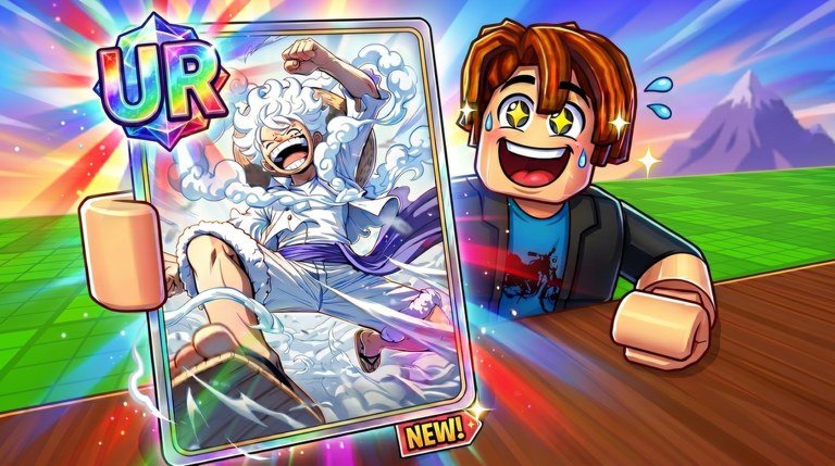 Anime Card Farm UR card pull with a rainbow border and a cheering Roblox character