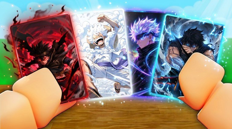Player holding four glowing anime trading cards in Anime Card Farm on Roblox