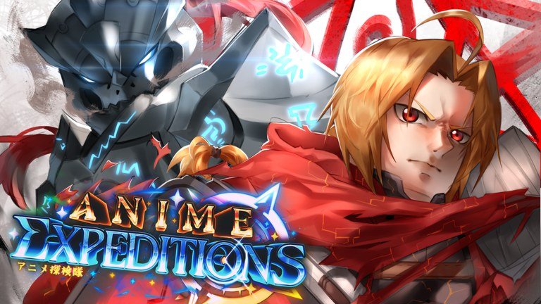 Two anime fighters in armour and a red cloak beside the Anime Expeditions logo