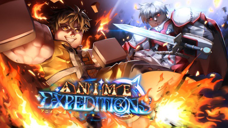 Anime characters swinging a hammer and a sword through fire under the Anime Expeditions logo