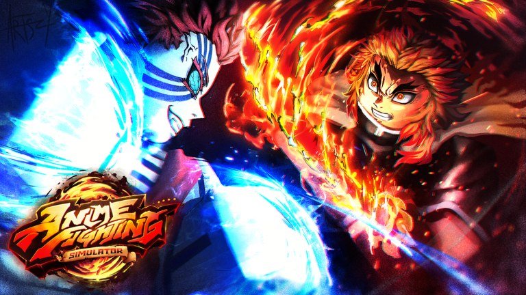 A blue aura fighter clashing with a flame wreathed swordsman in Anime Fighting Simulator