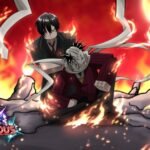 Dark-haired Anime Mysterious summon standing in red flames among broken rubble