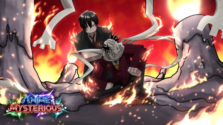 Dark-haired Anime Mysterious summon standing in red flames among broken rubble