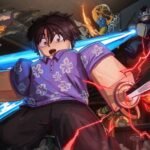 Anime Zero avatar slashing with a glowing blade through a lightning strike on Roblox