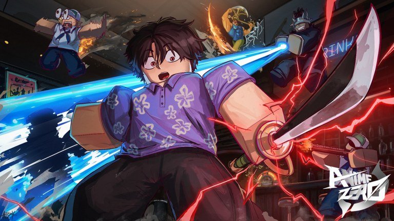 Anime Zero avatar slashing with a glowing blade through a lightning strike on Roblox