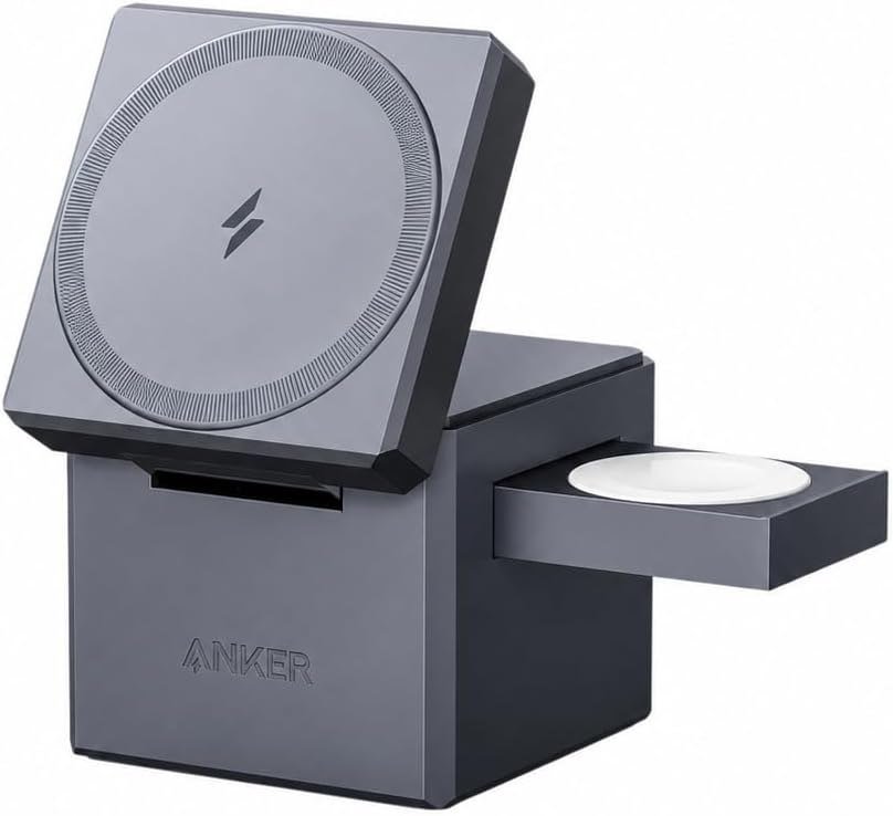 Anker MagGo 3-in-1 Qi2 charging station with a magnetic phone pad, watch puck and AirPods tray
