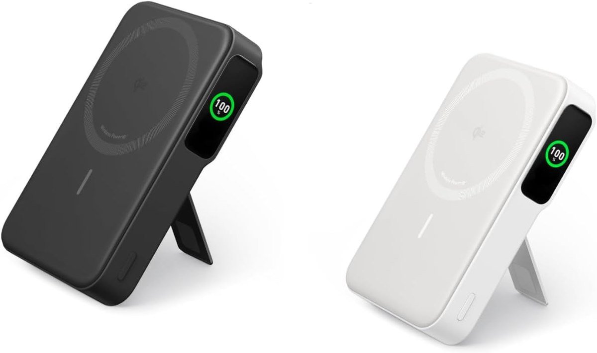 Anker MagGo 10,000mAh Qi2 magnetic power bank in black and white with a kickstand and smart display