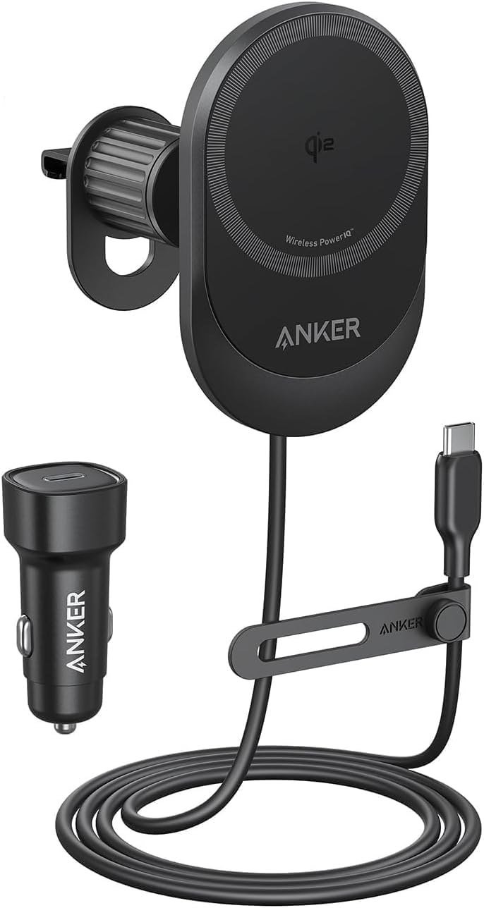 Anker MagGo Qi2 wireless car charger on a vent mount with its car adapter and cable
