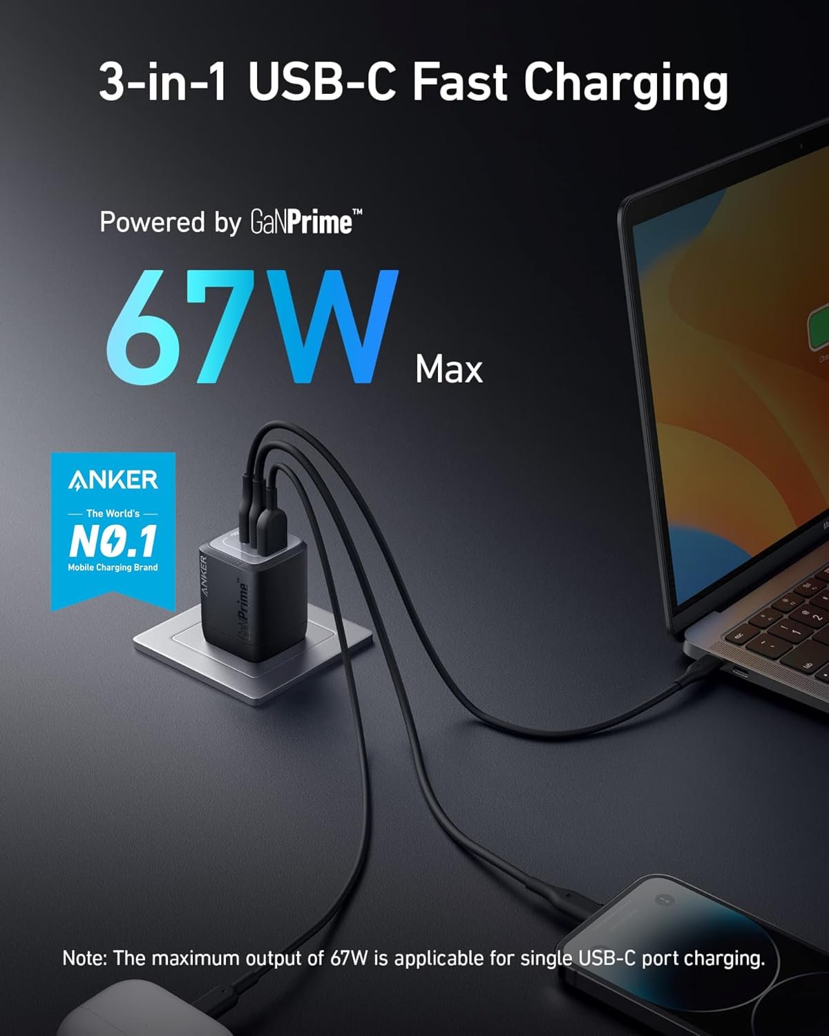 Anker Prime 67W GaN three-port USB-C wall charger with cable