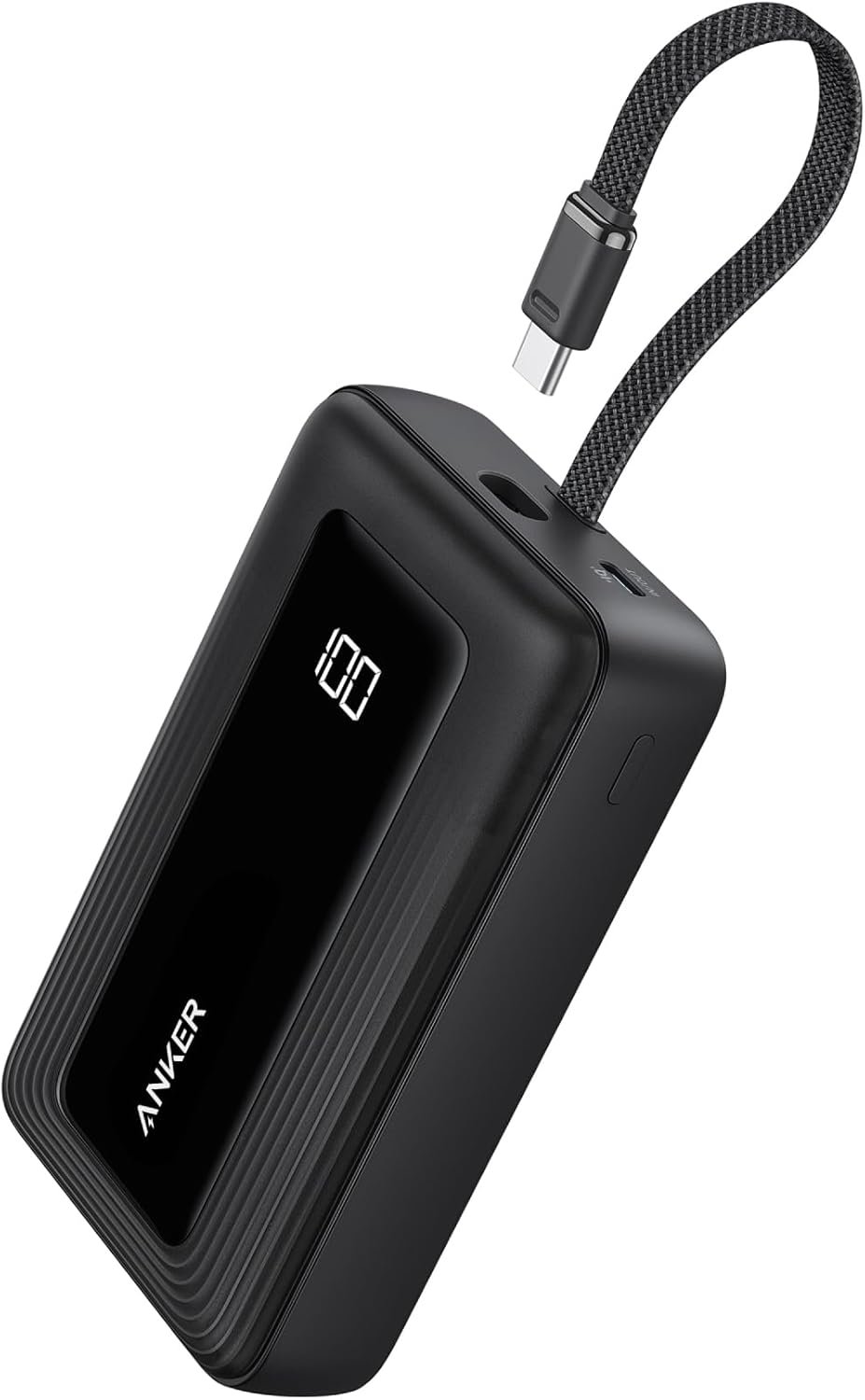 Anker Zolo 20,000mAh 45W power bank in black with a built-in USB-C cable and a display panel