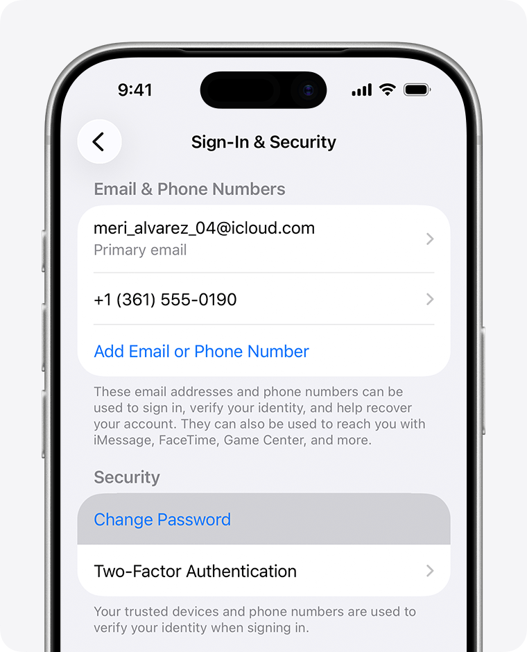 iPhone Sign-In and Security settings with Change Password highlighted under Security