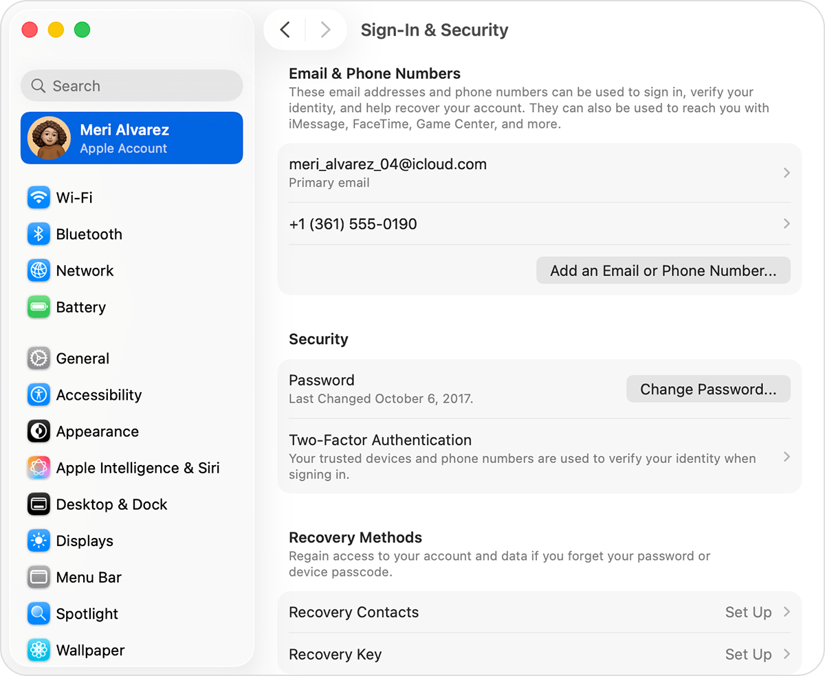 macOS System Settings Sign-In and Security pane with the Change Password button