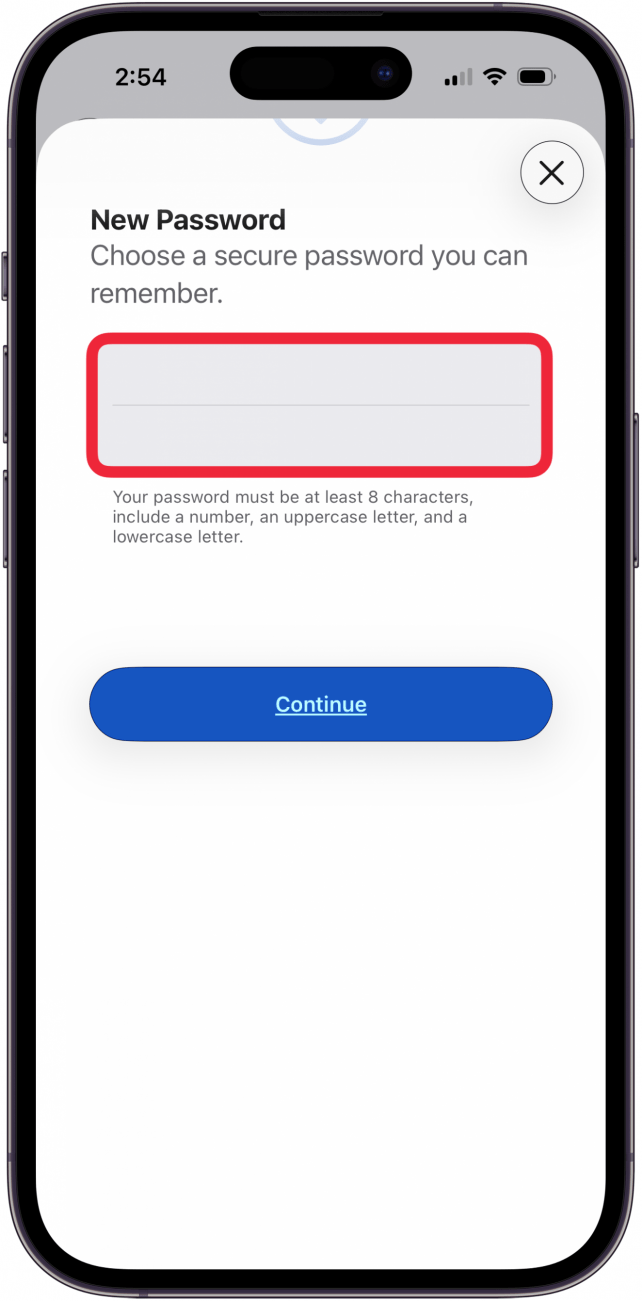New Password screen on iPhone where a new Apple Account password is typed before tapping Continue