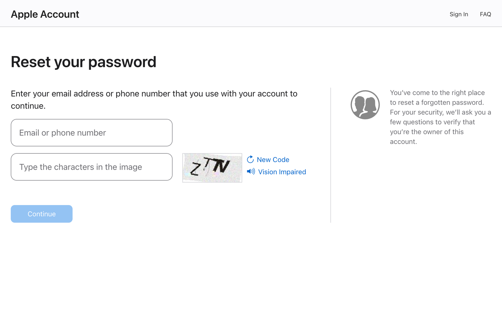 The Apple Account reset page asking for the email address or phone number on the account