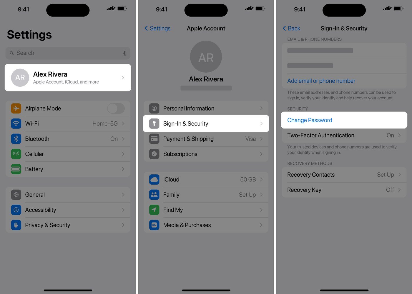 iPhone Settings showing the Apple Account row, Sign-In and Security, and the Change Password button