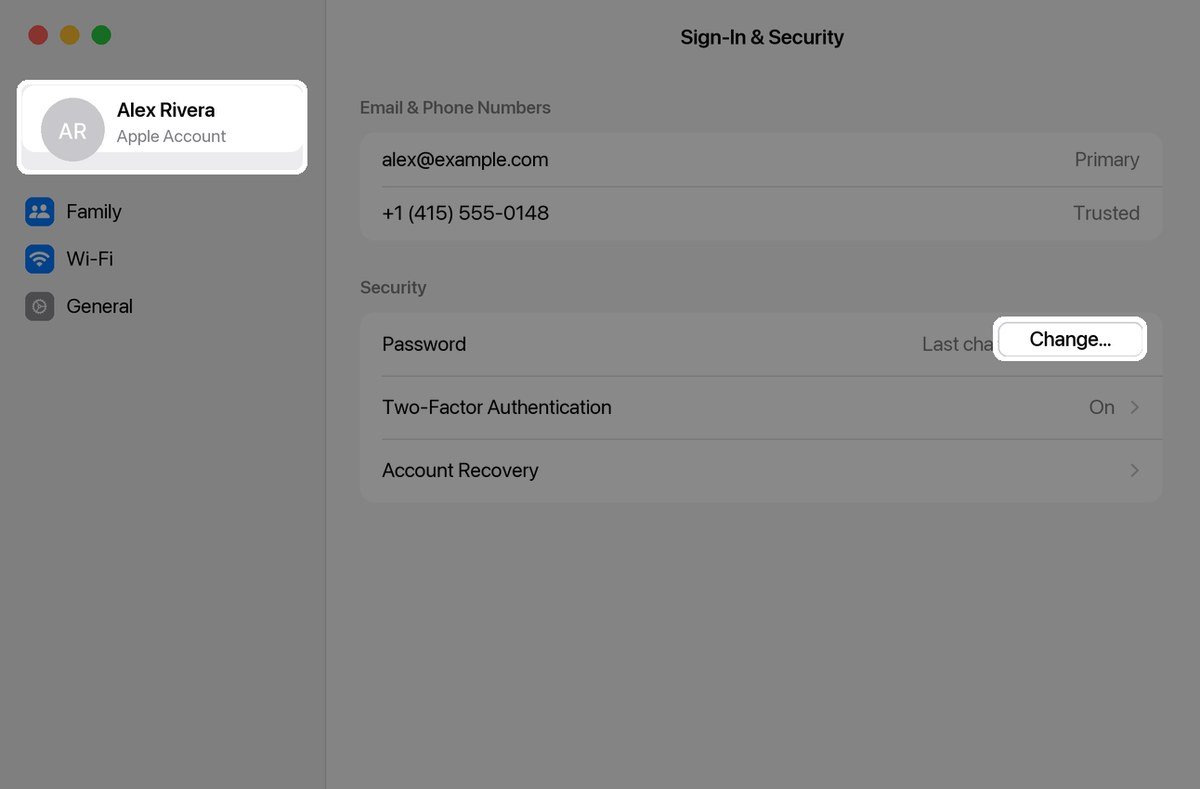 macOS System Settings showing the Apple Account name in the sidebar and the Change Password button