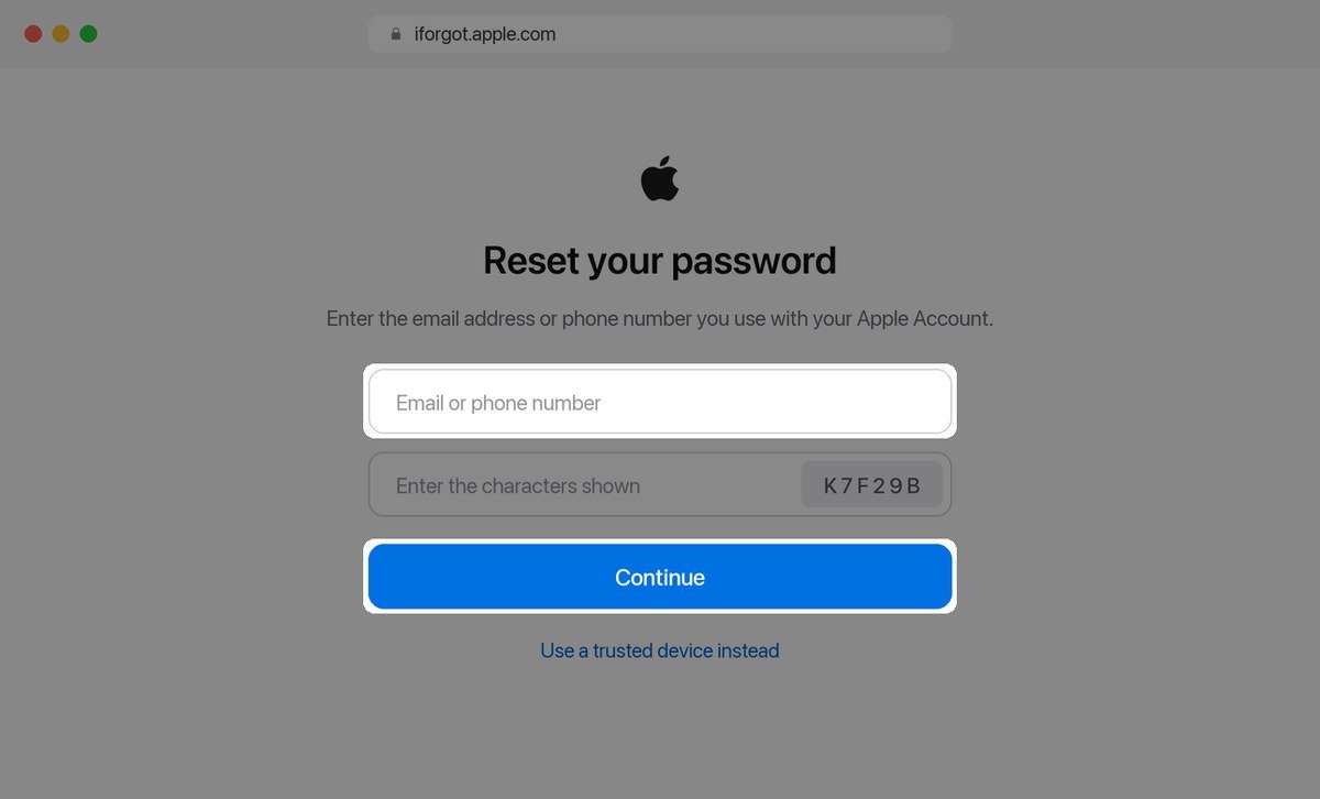 The Apple Account password reset page asking for an email address or phone number