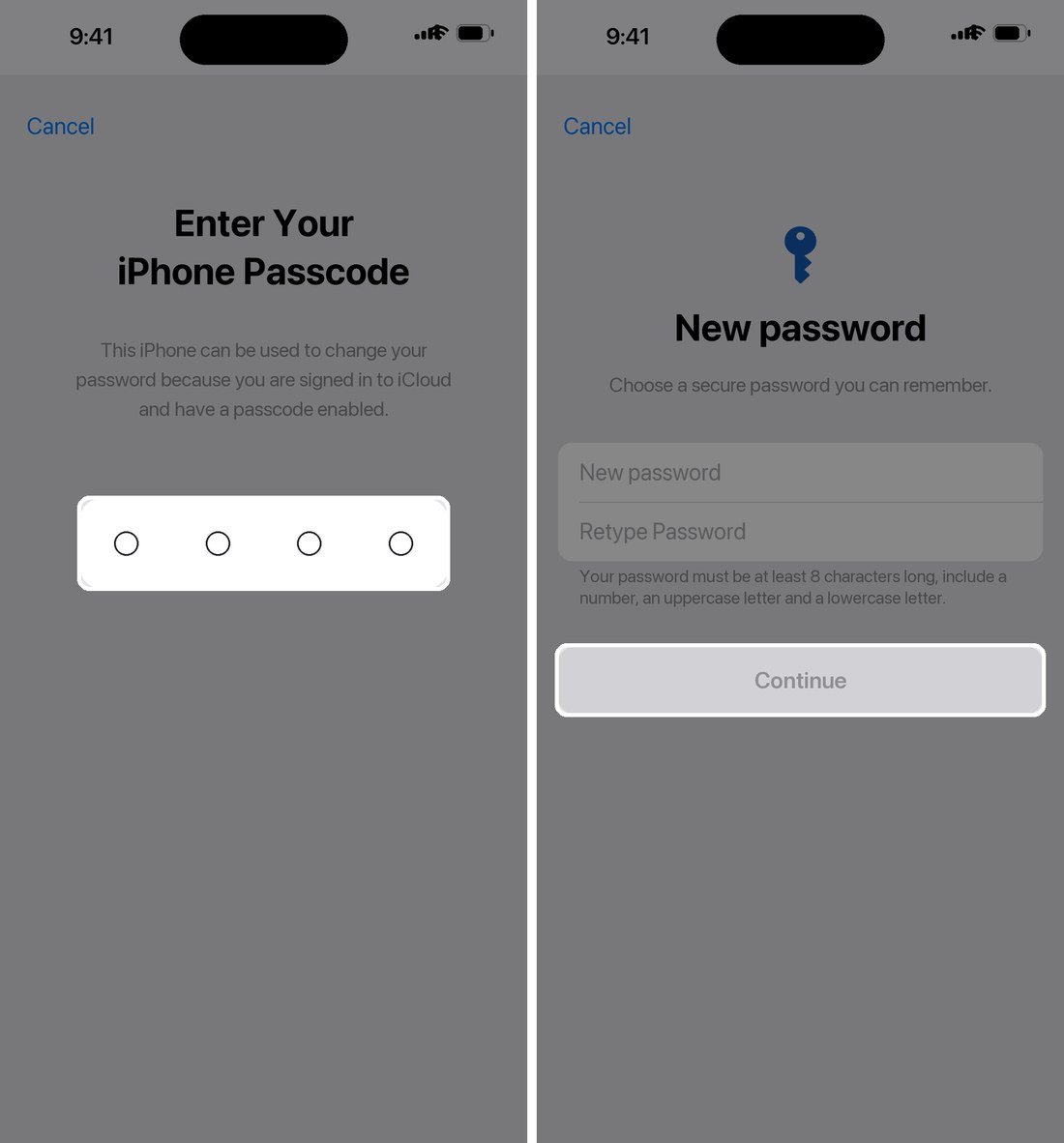 iPhone asking for the device passcode and then for a new Apple Account password