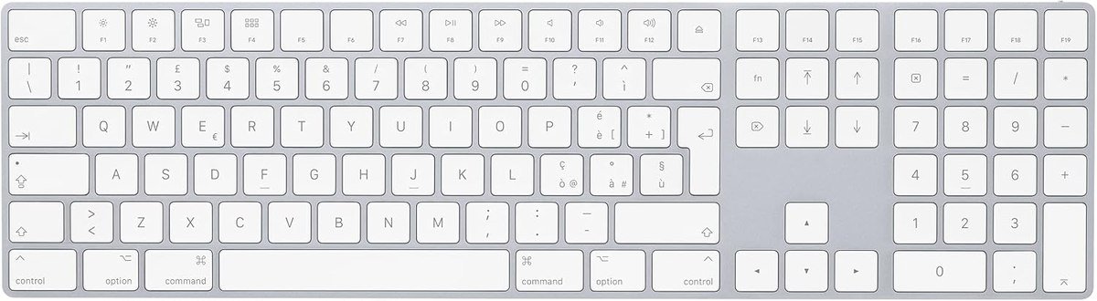 Apple Magic Keyboard with Numeric Keypad in silver and white, shown flat from above