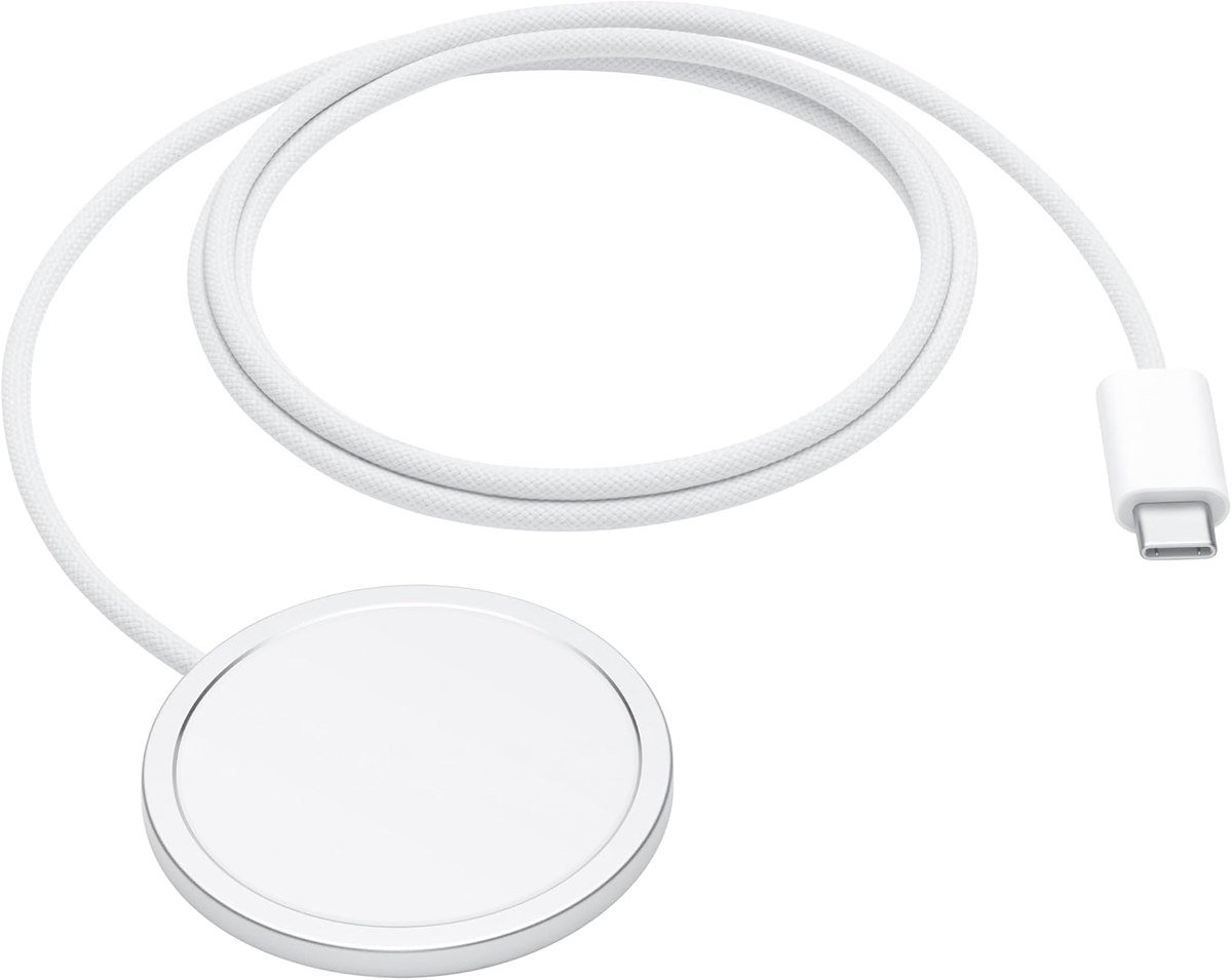 Apple MagSafe Charger with a 1 metre woven USB-C cable coiled beside the round charging puck