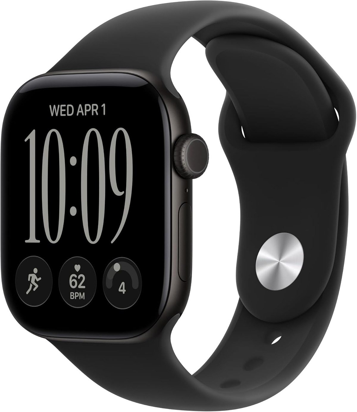 Apple Watch Series 12 in black aluminum with a black sport band