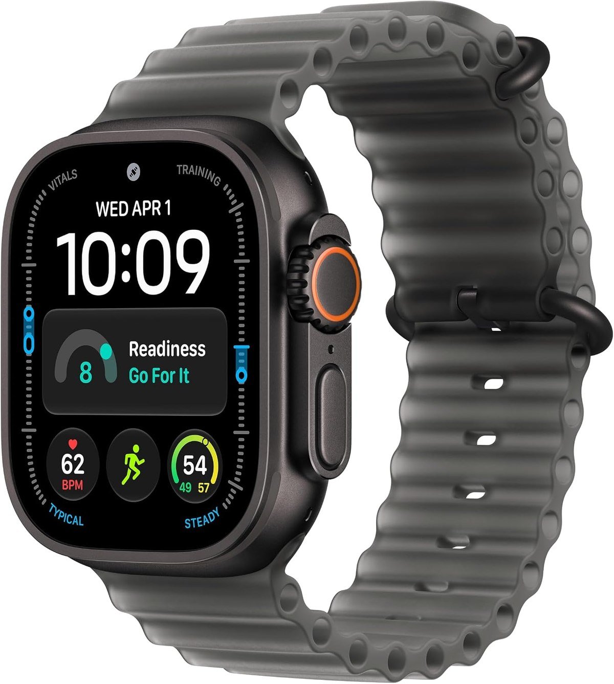 Apple Watch Ultra 4 in black titanium with a translucent black Ocean Band