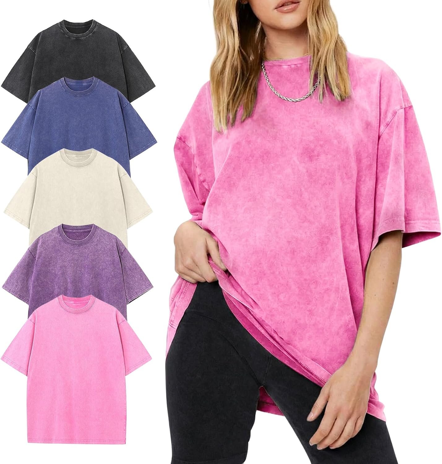 Arssm acid wash oversized t-shirts shown in five colours beside a model in pink