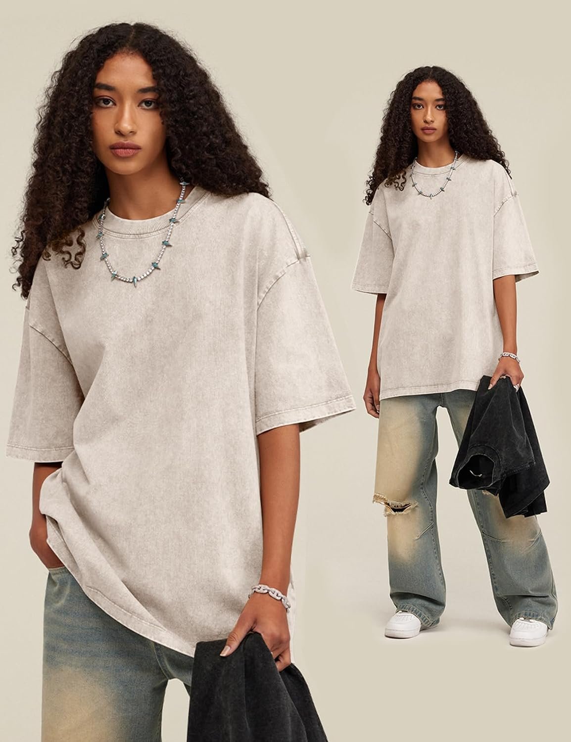 Two people wearing Arssm oversized acid wash t-shirts in cream and charcoal with baggy jeans