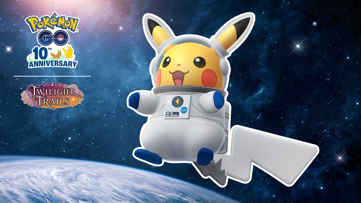 Astronaut Pikachu floating above Earth in Pokémon GO World Space Week 2026 art