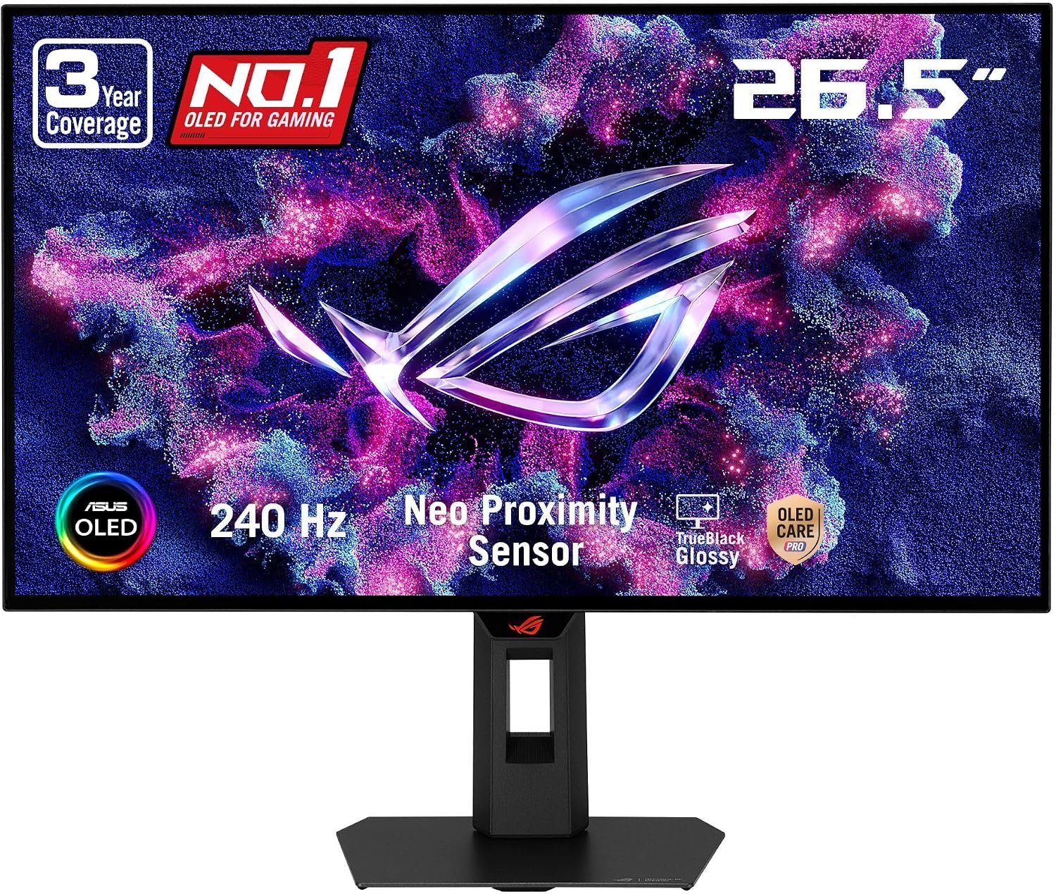 ASUS ROG XG27AQDMGR 27-inch glossy OLED gaming monitor on a tripod stand