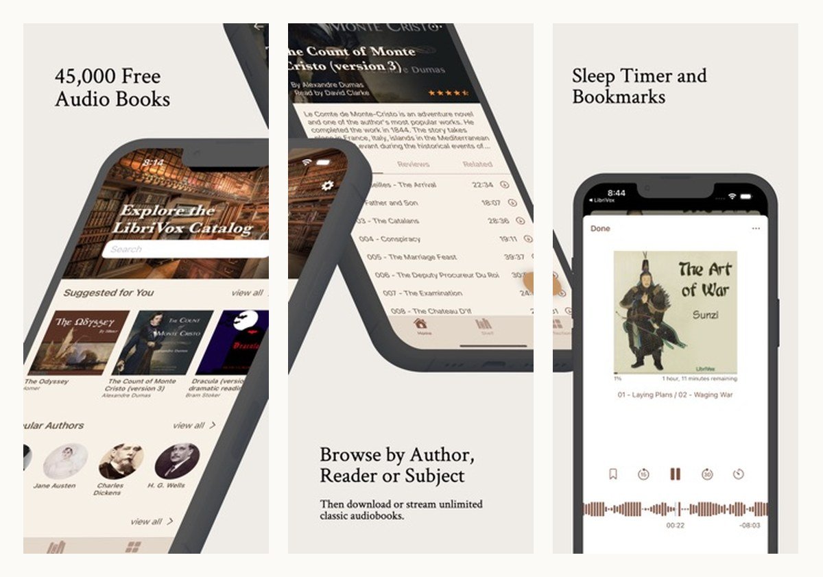 LibriVox audiobook app screens