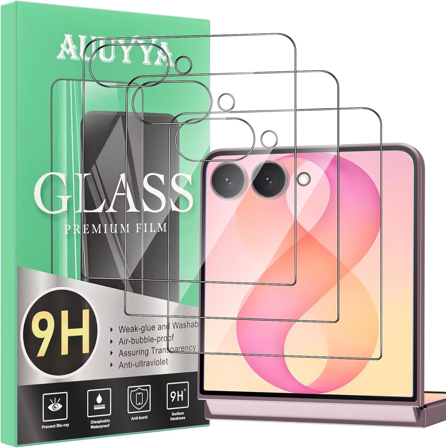 AUUYYA three-pack tempered glass screen protector for the Samsung Galaxy Z Flip 8