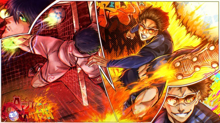 A goalkeeper diving and a striker shooting through orange flames under the Azure Latch logo