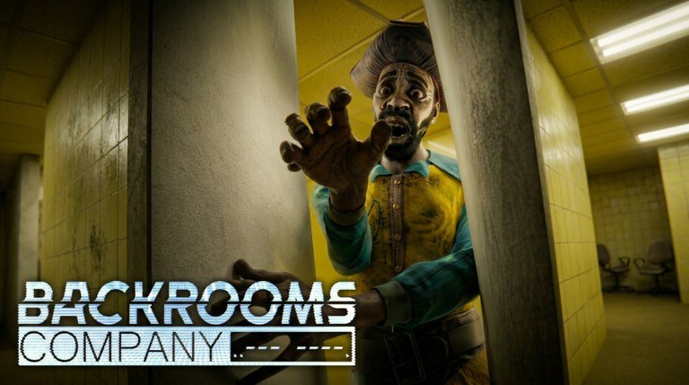 Backrooms Company thumbnail showing a figure in a yellow corridor reaching toward the camera