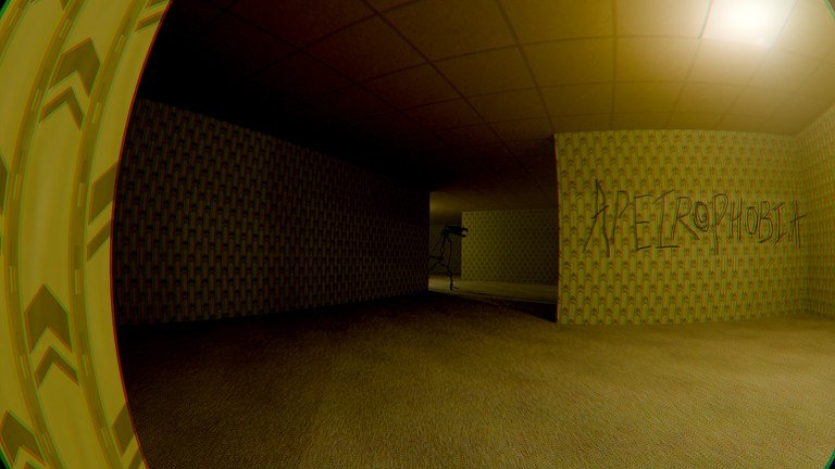 Apeirophobia thumbnail showing an empty yellow room with damp carpet and fluorescent lighting