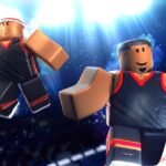 Two Roblox players in basketball kit under arena lights in Basketball Legends