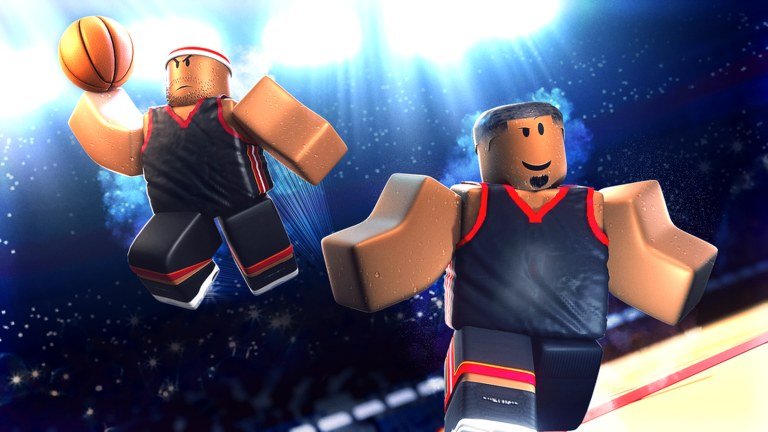 Two Roblox players in basketball kit under arena lights in Basketball Legends