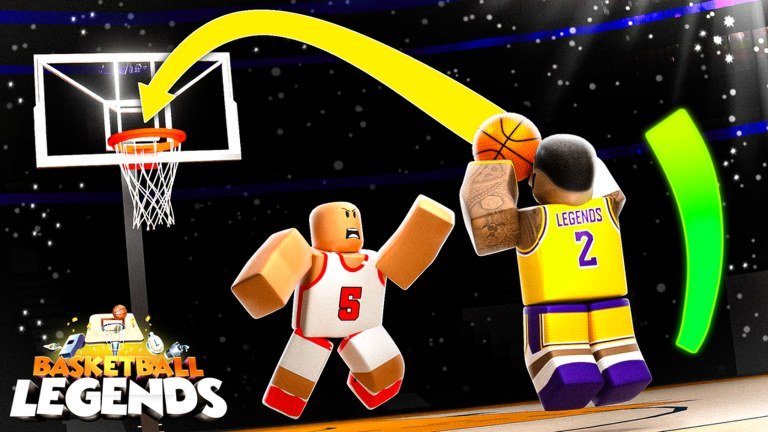 A player shooting at the hoop in Basketball Legends