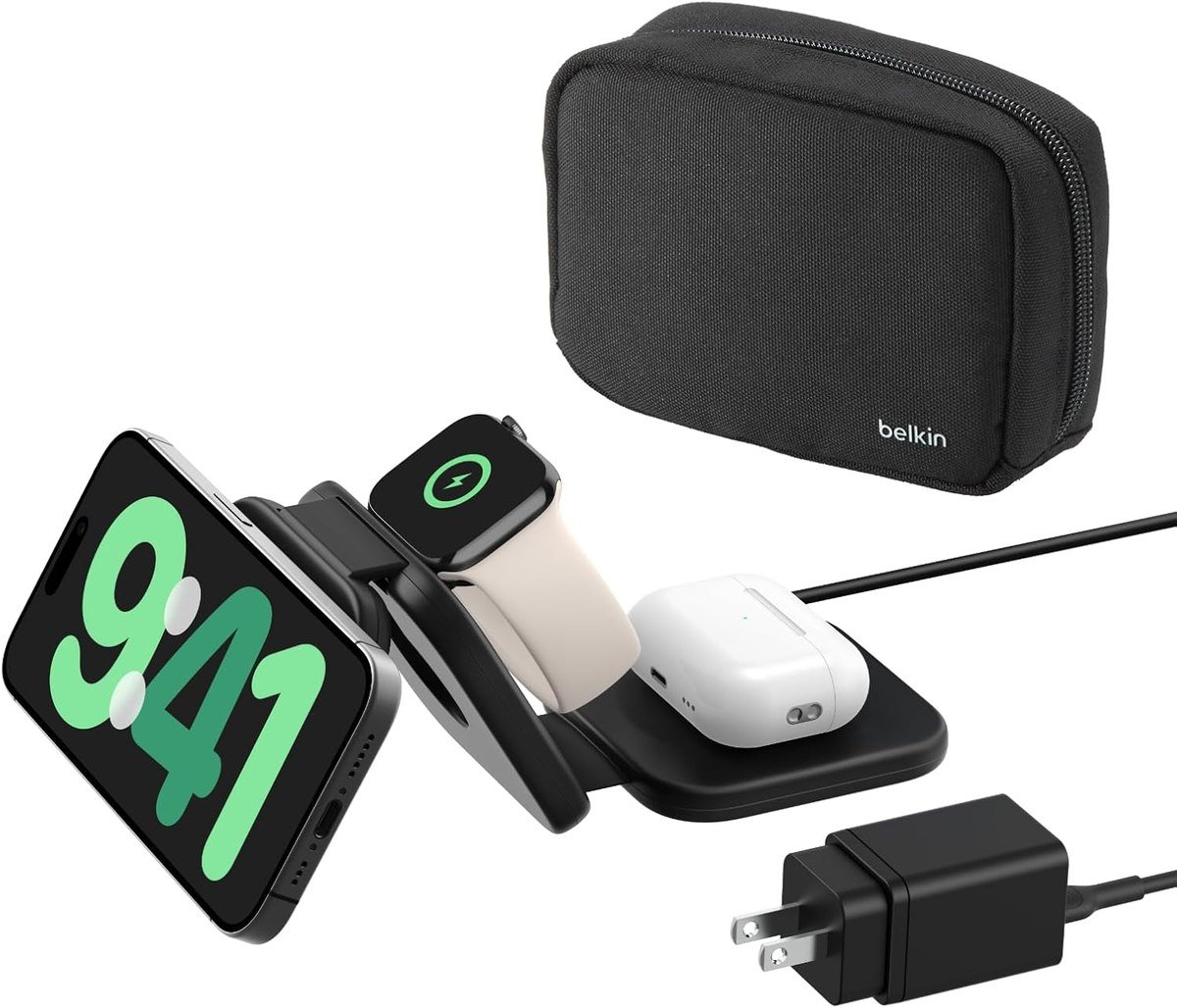 Belkin Qi2 15W foldable 3-in-1 travel charger open with its carry pouch and wall adapter