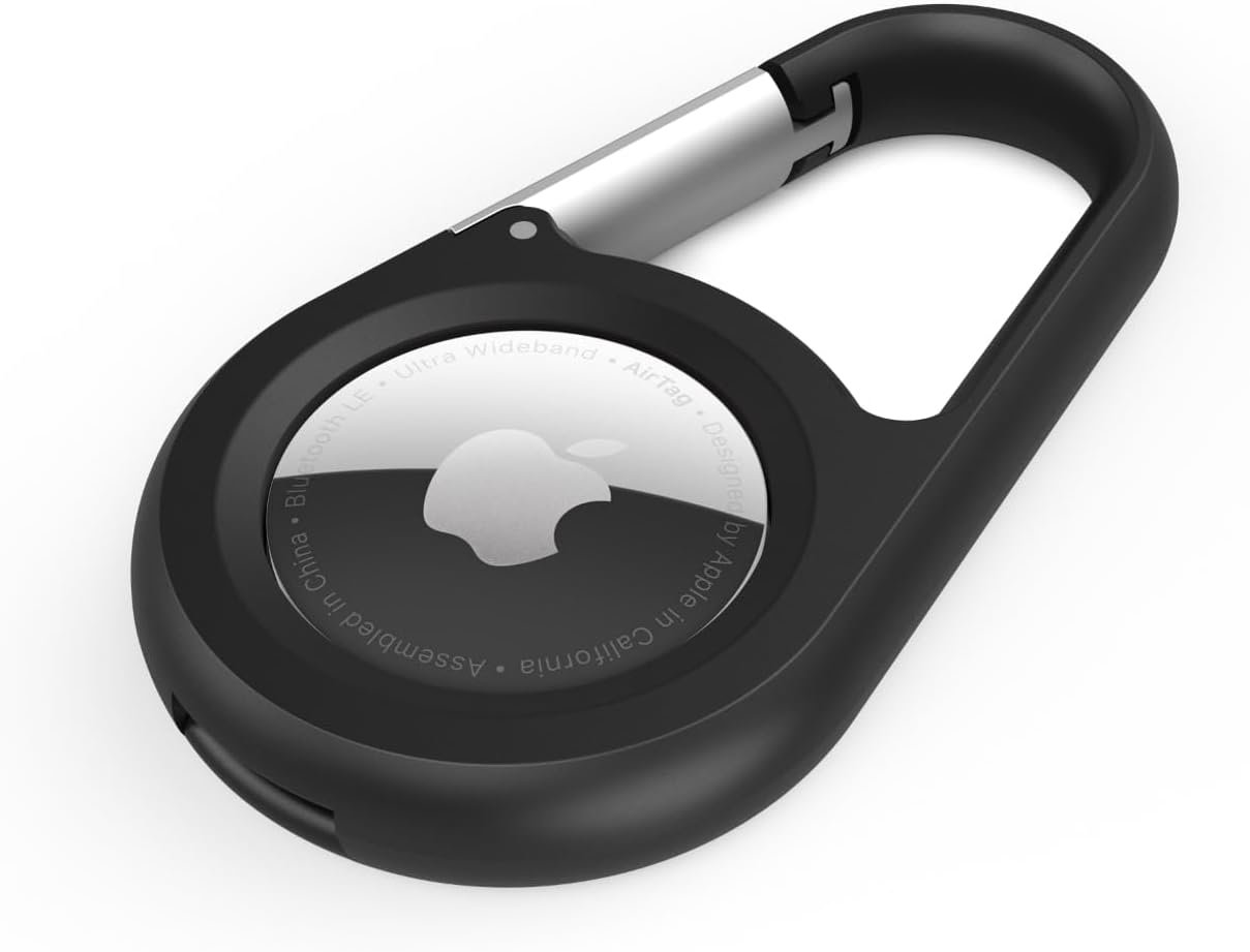 Belkin Apple AirTag secure holder in black with an open face design and a metal carabiner