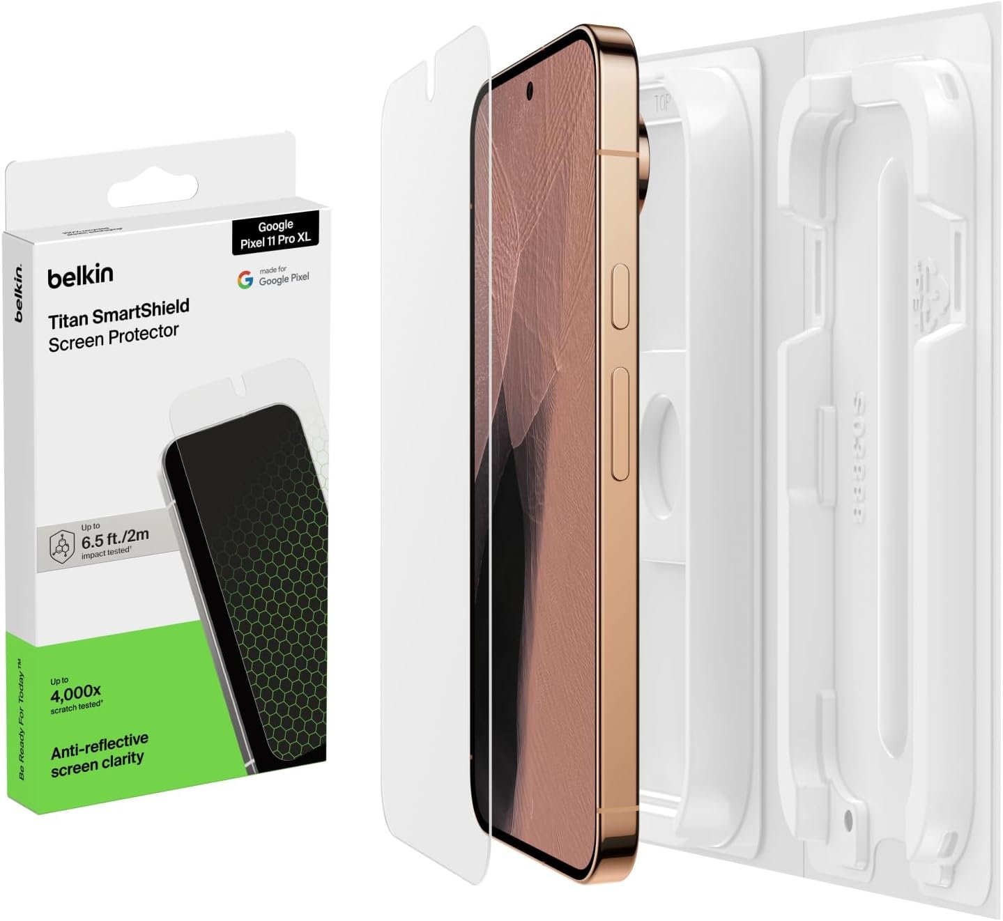 Belkin Titan SmartShield Anti-Reflective screen protector for Google Pixel 11 Pro XL with its alignment tray