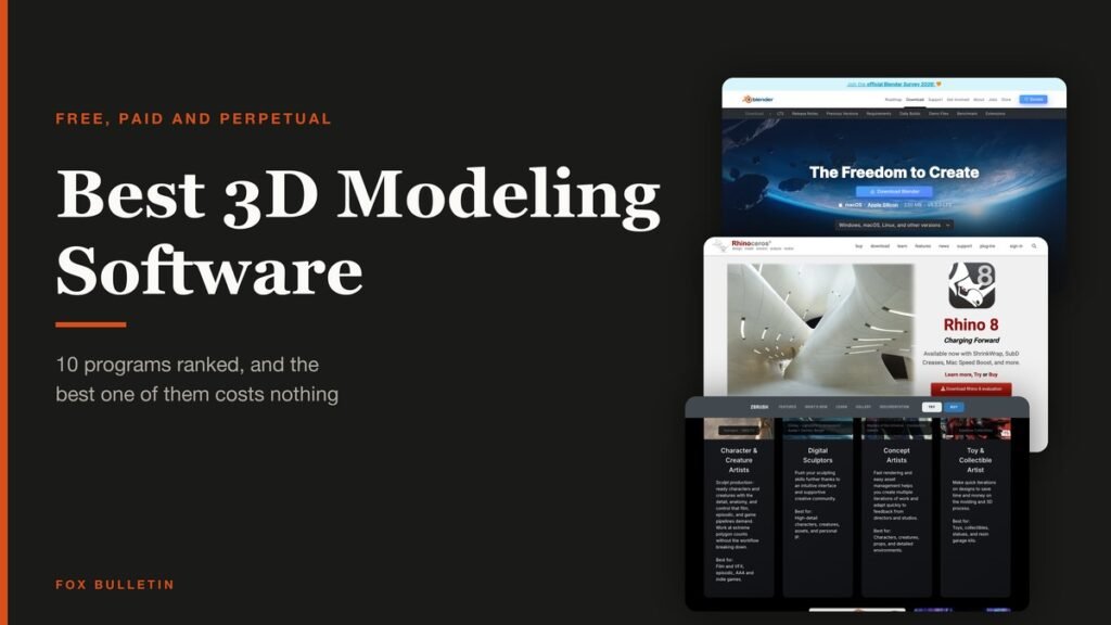 Best 3D modeling software shown as three vendor page captures