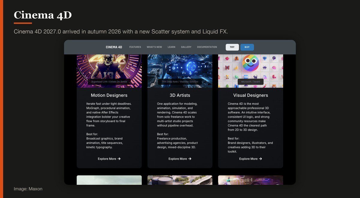 The Maxon Cinema 4D page showing its motion graphics toolset
