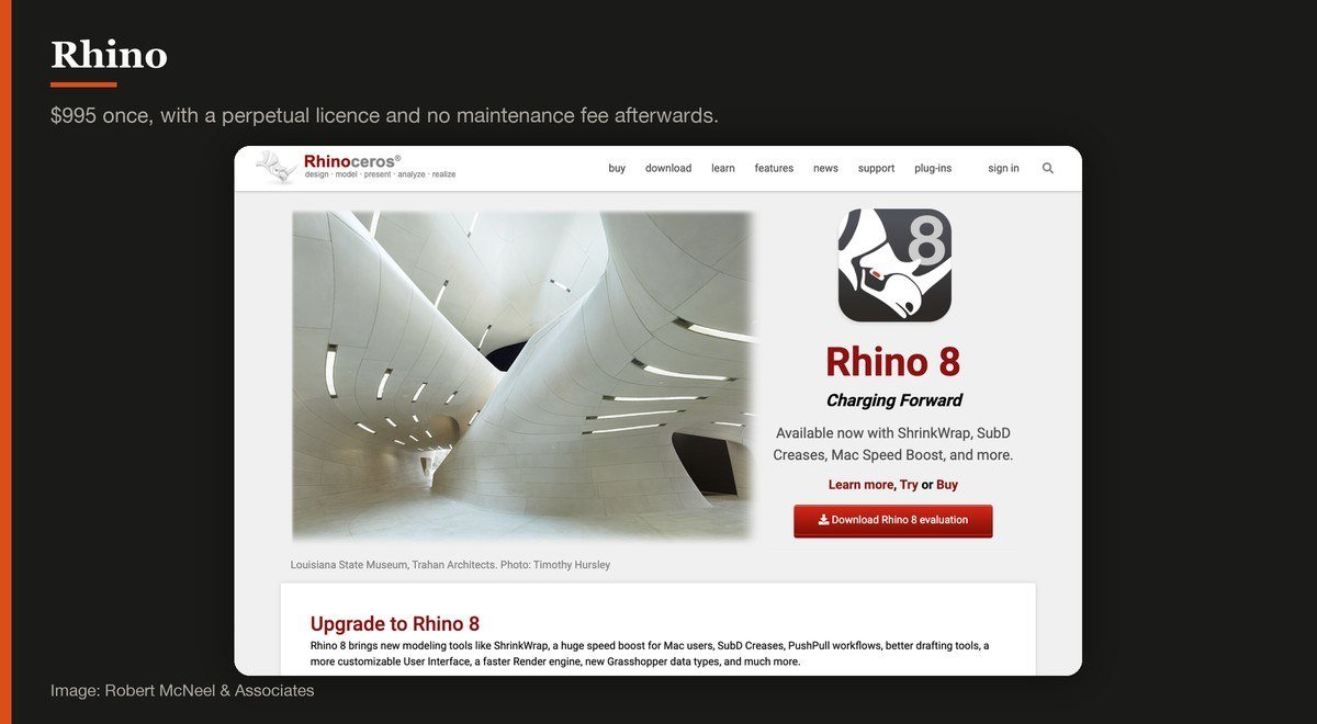 The Rhino 8 home page showing architectural and product models