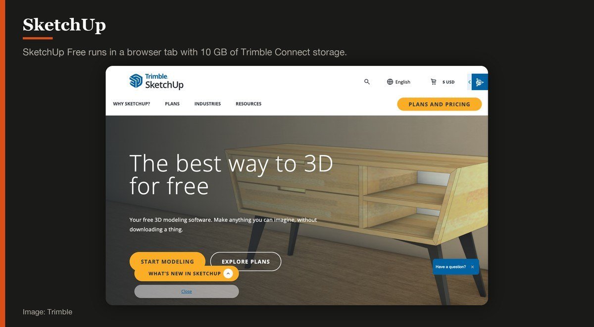 The SketchUp Free page describing browser-based 3D modelling