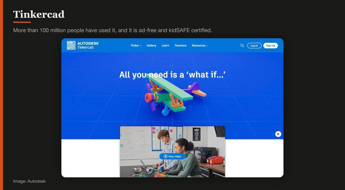 The Tinkercad home page describing its free browser-based 3D design tools