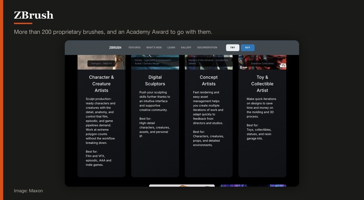 The Maxon ZBrush page showing its digital sculpting tools