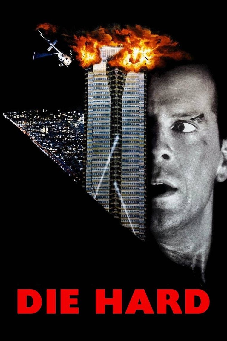 Die Hard poster showing a skyscraper lit from below with a lone figure in the foreground